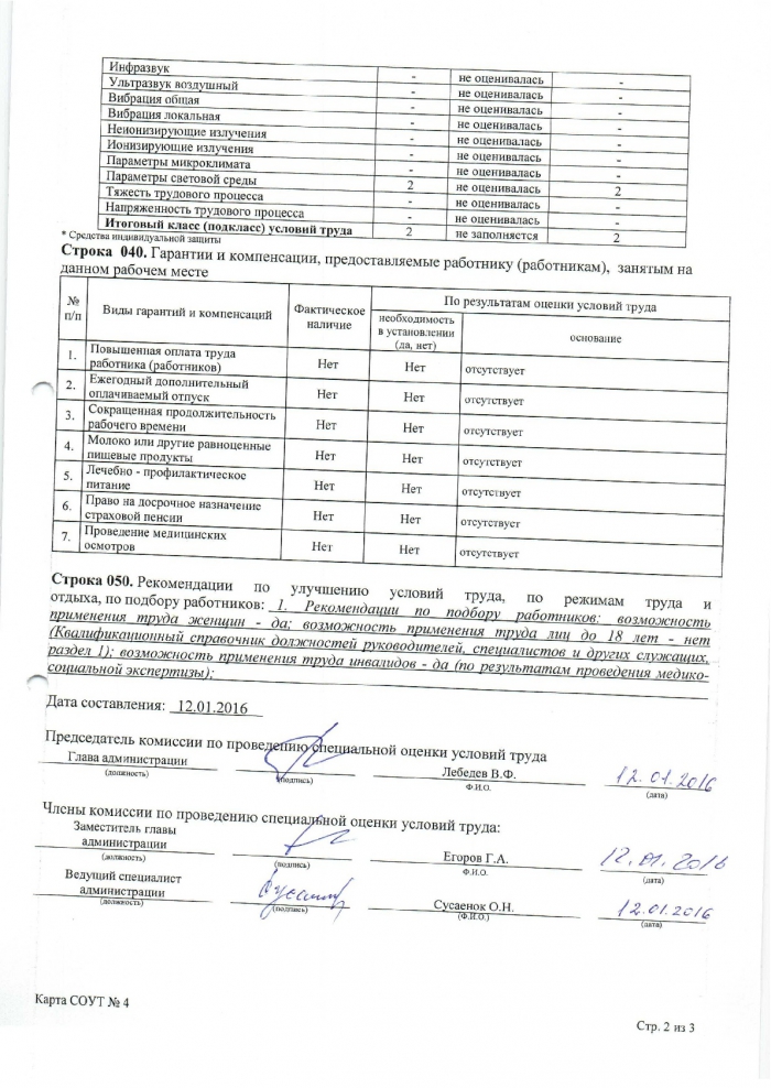 Отчет о проведении специальной оценки условий труда от 12.01.2016