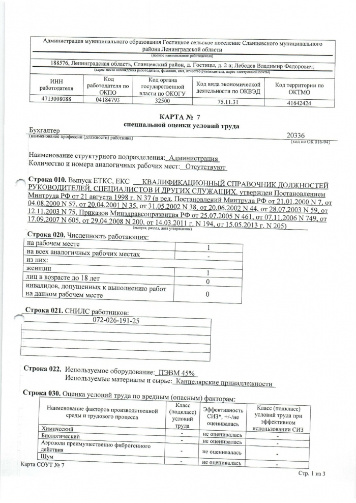Отчет о проведении специальной оценки условий труда от 12.01.2016